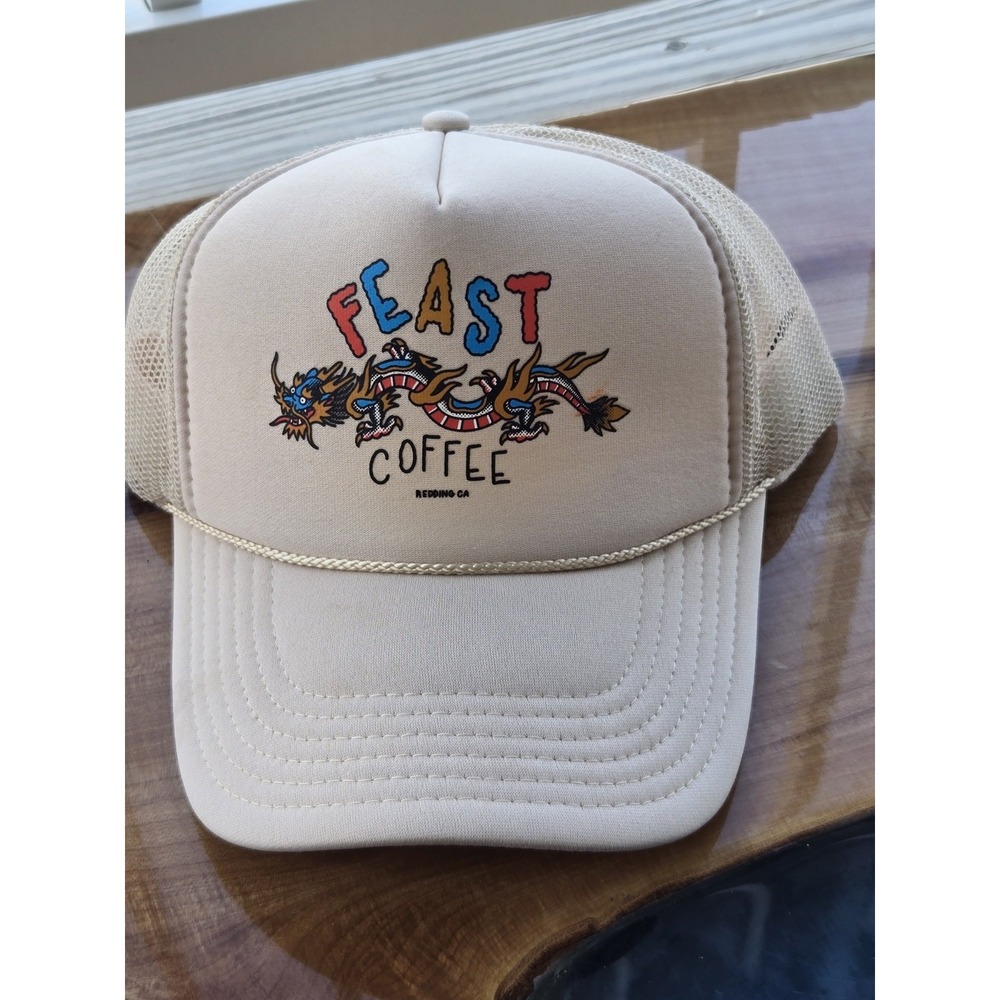 Feast Coffee Redding CA Dragon Trucker Hat Beige Mesh Snapback OTTO‎ Cap